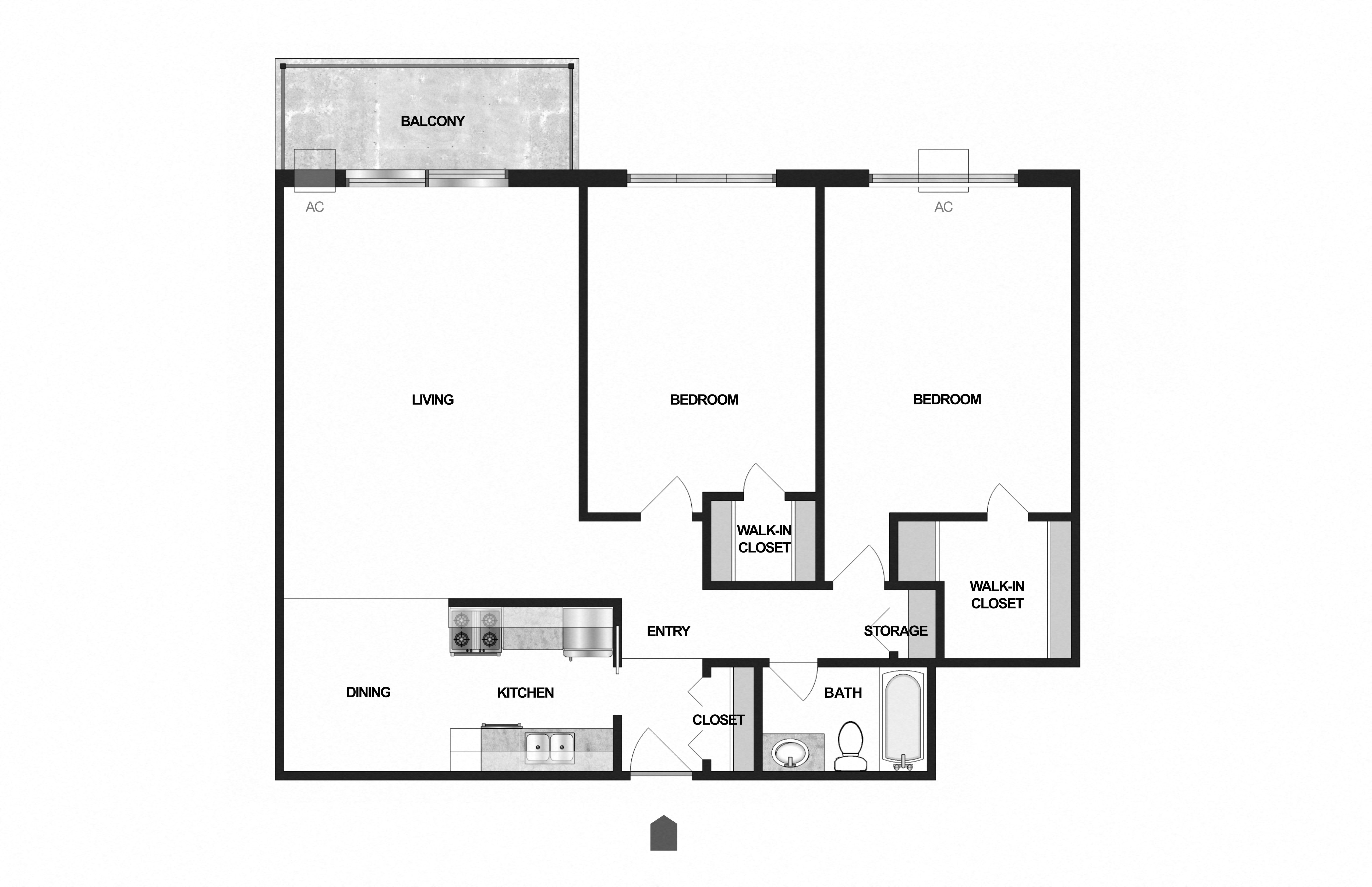 Floor plan for 2 beds, 1 bath, 1034 sqft